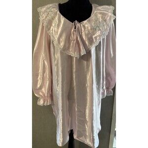 Aria Pink Satin Nightgown M Lace Collar Floral Embroidered Vintage Sleep Shirt